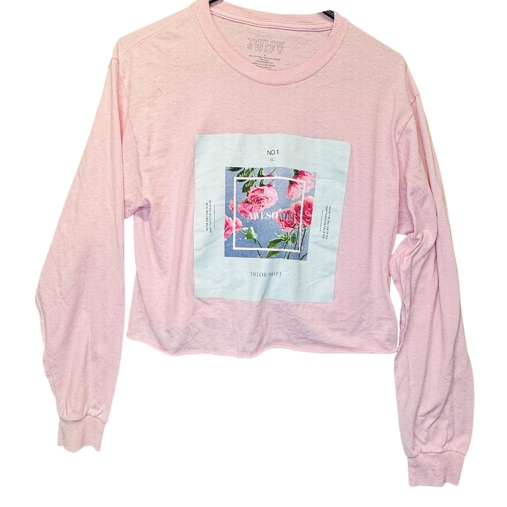 Taylor Swift Pink Floral Graphic Long Sleeve Crop Top